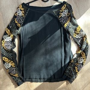 Free People Black Long Sleeve Shirt with Embroidered arms size small